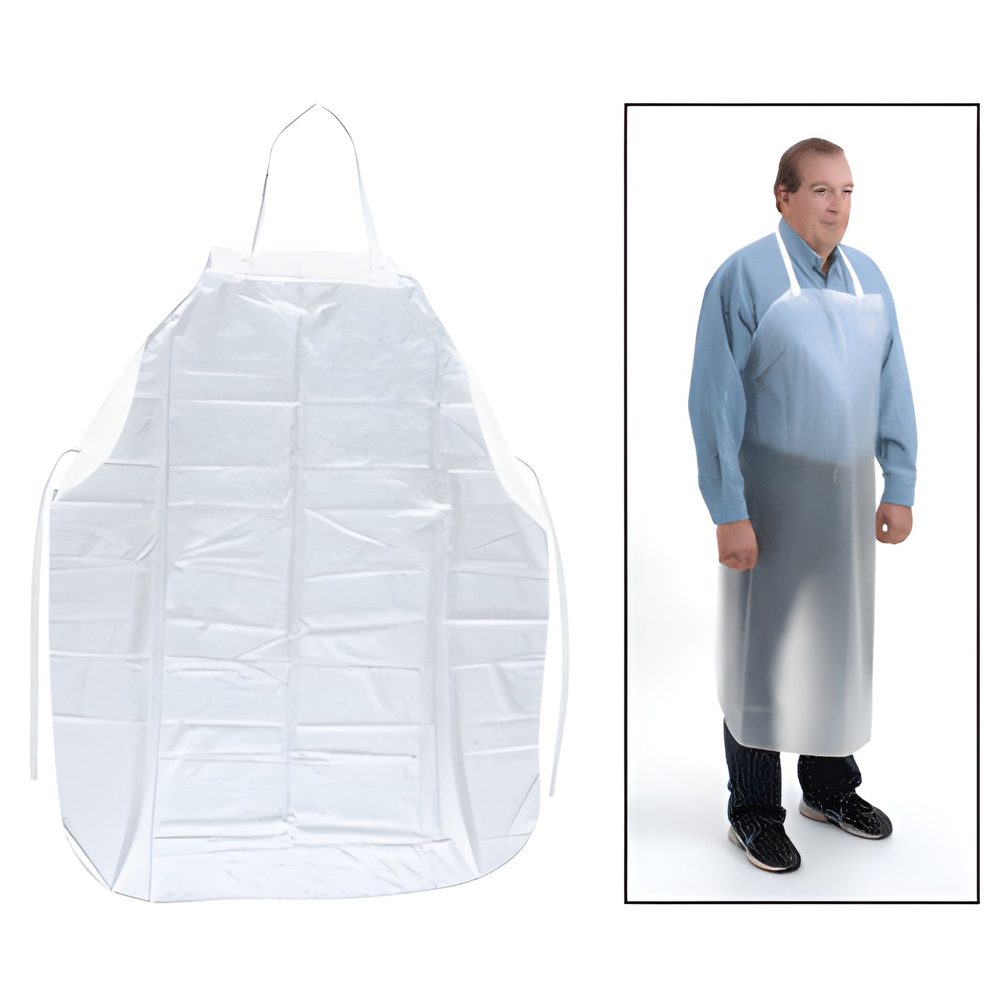 CRL 43 in vinyl bib apron, translucent white waterproof with cotton shoulder straps and side ties - SKU 2235.