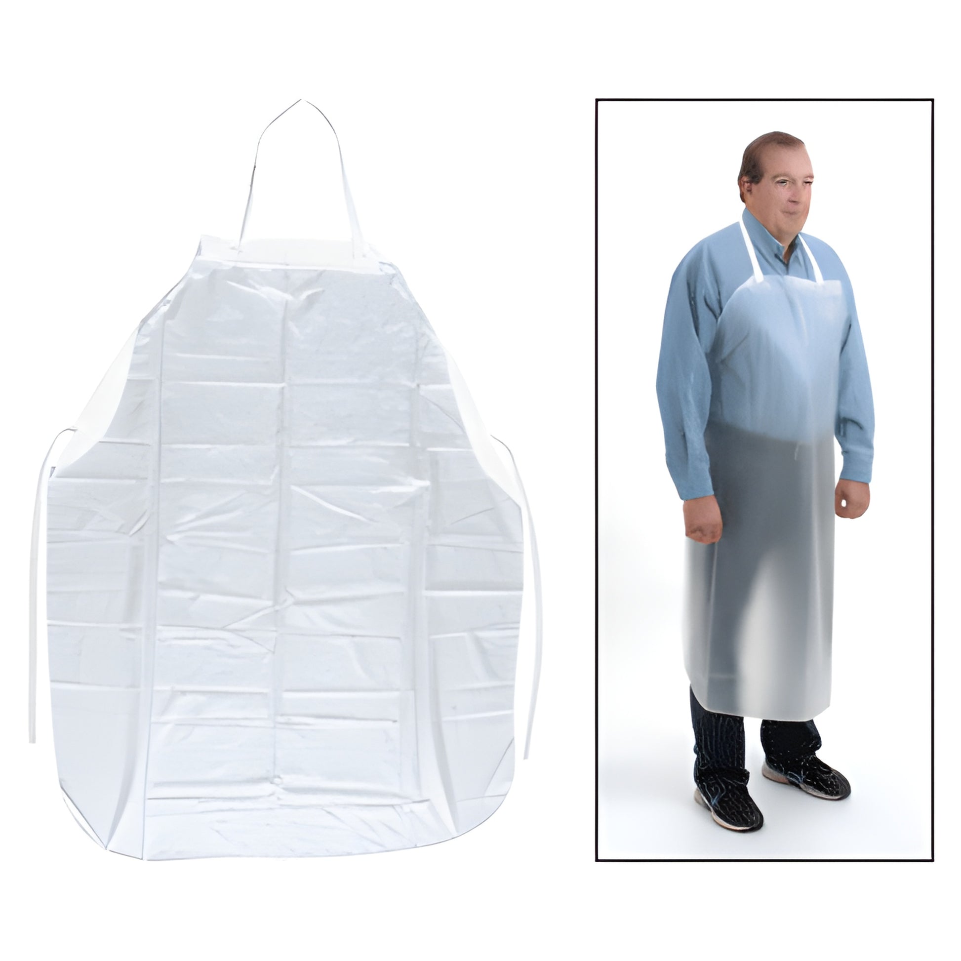 CRL 43 in vinyl bib apron, translucent white waterproof with cotton shoulder straps and side ties - SKU 2235.