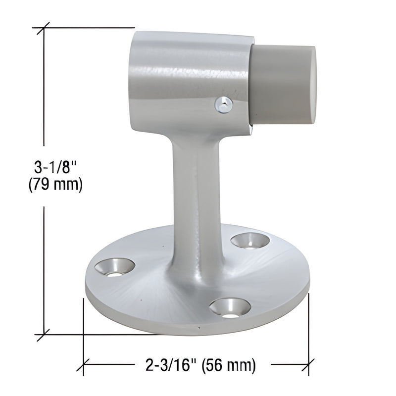 F120A floor-mounted brass diecast door stop, brushed satin chrome with gray rubber bumper, 3-1/8" H, 2-3/16" base.
