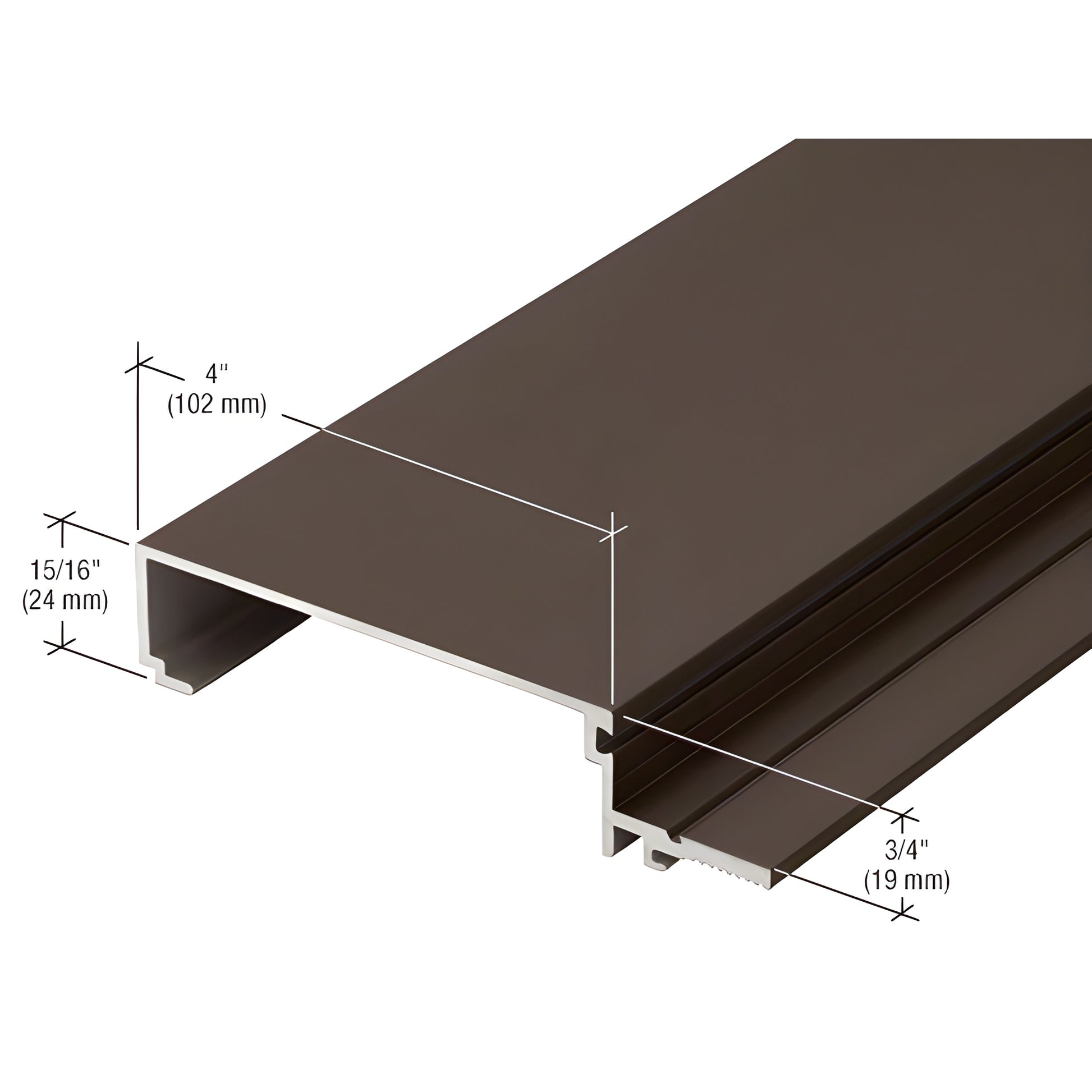 Black bronze anodized aluminum mullion cover CW24922, extruded profile with 4" face and 15/16" / 3/4" legs.