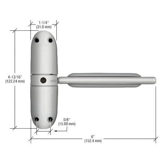 CRL KC61USA satin chrome diecast door closer with adjustable arm, non-handed - 6" length, 4-13/16" height.