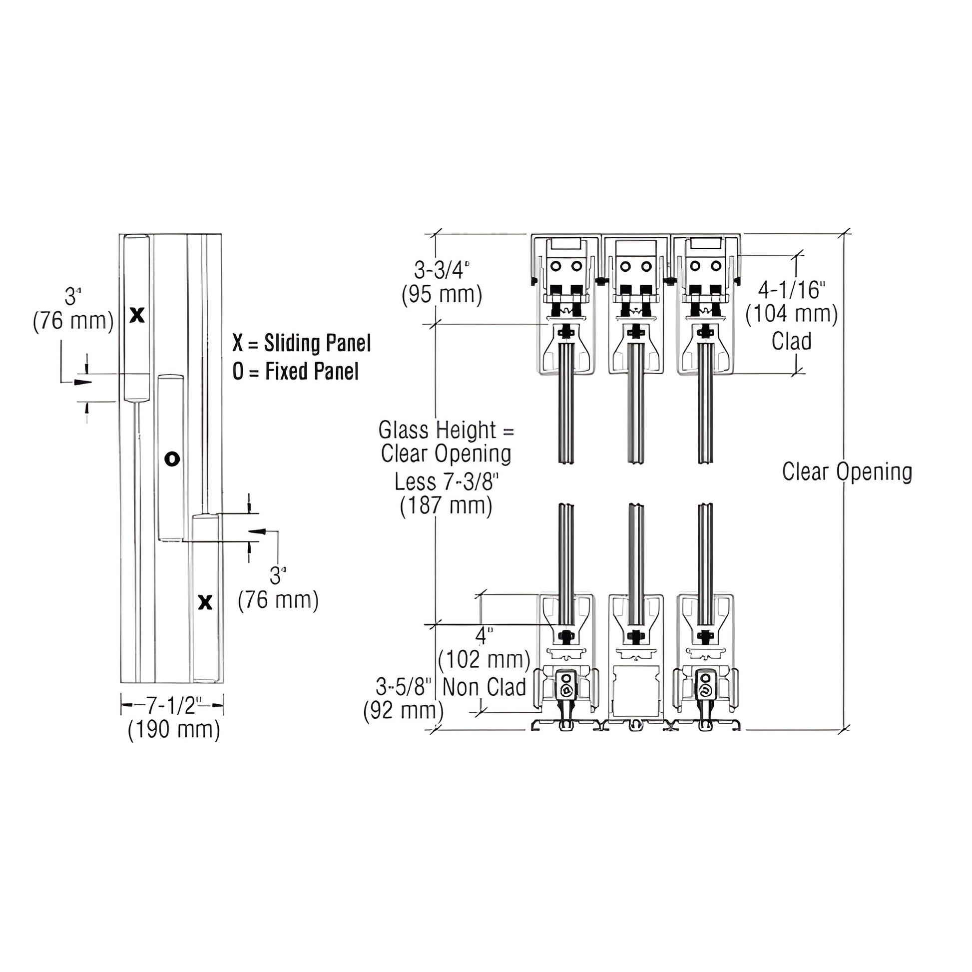Technical line drawing of CRL SDR bottom-rolling sliding door system SKU 4SDR3DSA, 4" satin anodized rails with dimensions.