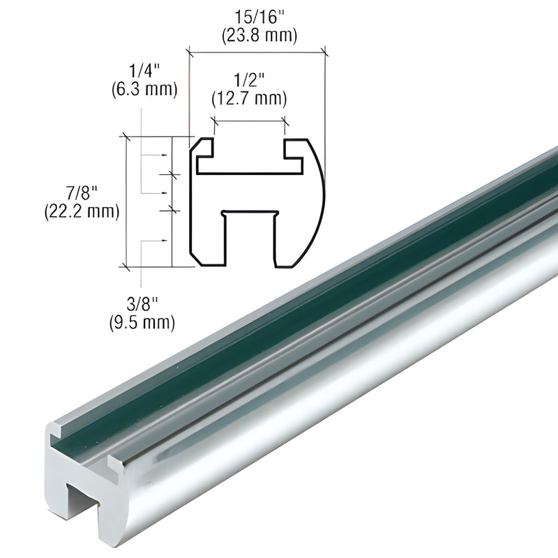 HE06CH 98 in polished chrome aluminum shower header bar with green gasket and profile diagram