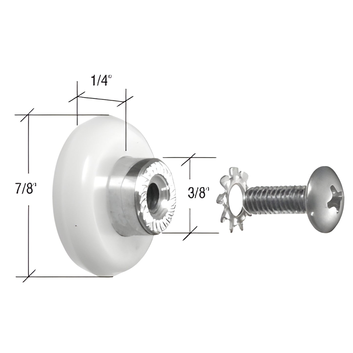 White nylon oval-edge shower door roller with steel bearing hub and screw, 7/8 in. SKU DKR78