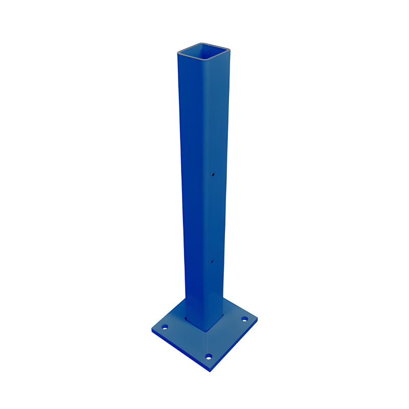 Blue zinc-plated steel square tube stanchion with 5/8" base plate, four mounting holes. SKU CS4C