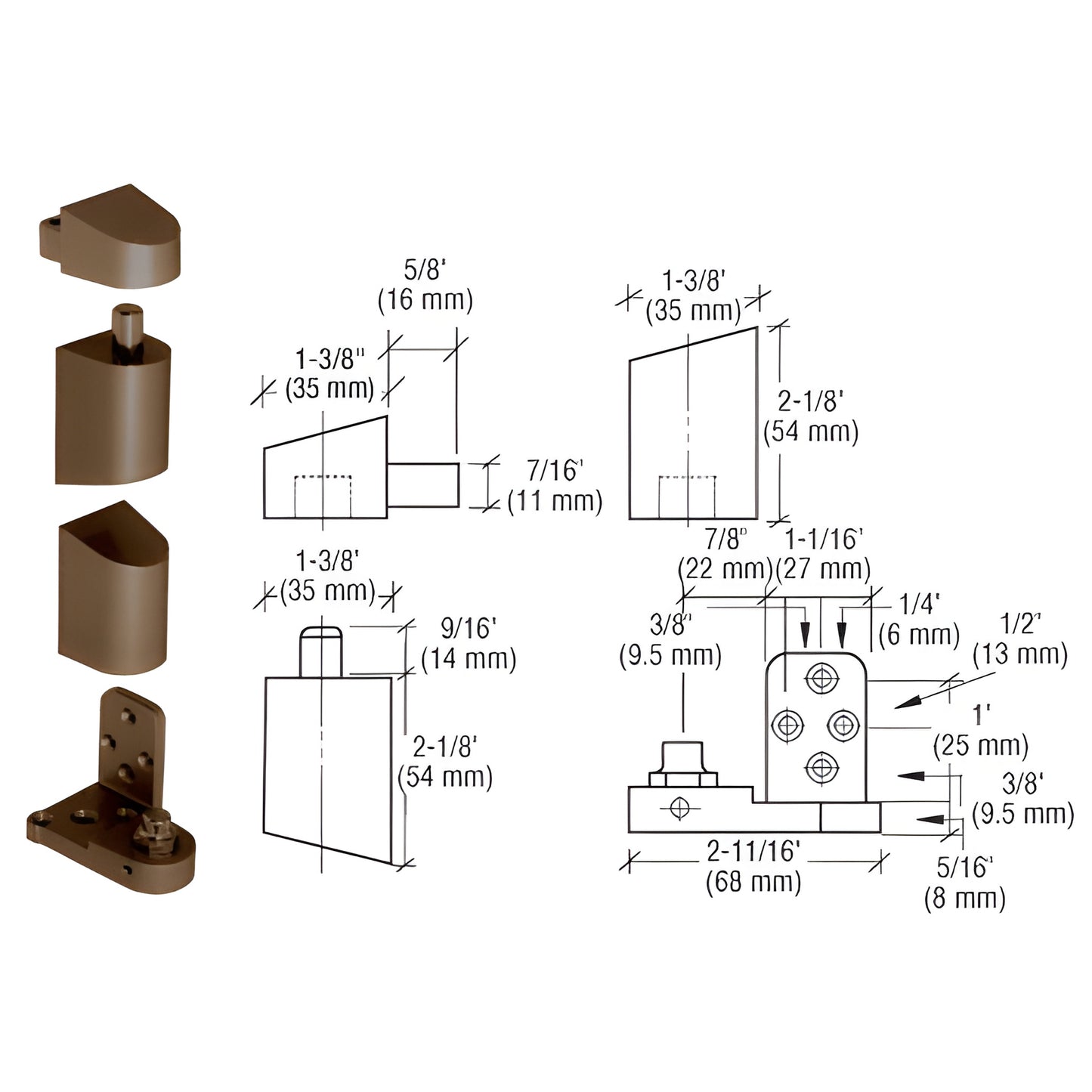 Dark bronze CRL offset pivot set (SKU 0P34LHDU) with die-cast aluminum pivots and dimensional diagram.