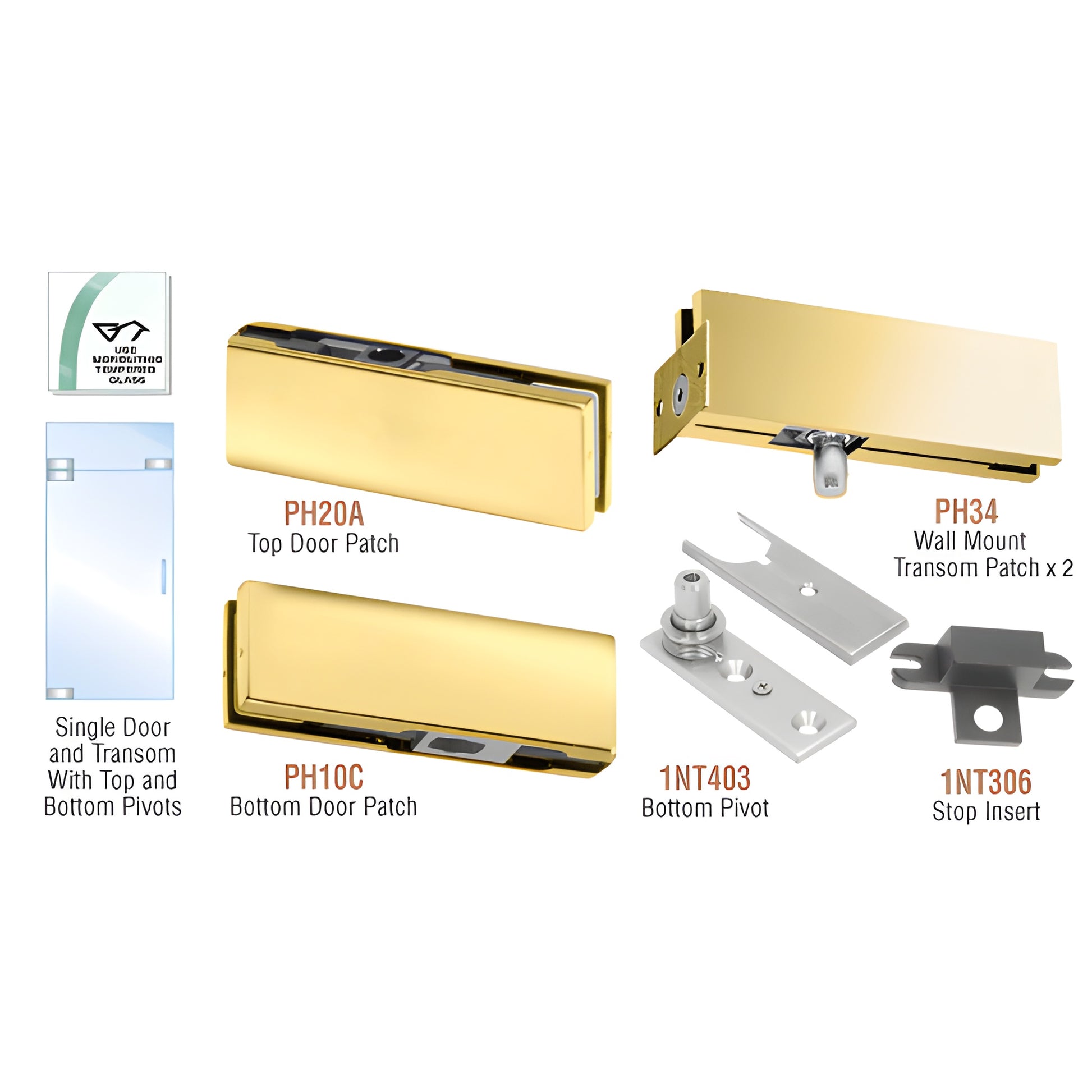 PHA3BR polished brass patch door kit with fixed transom - top & bottom patches, transom patches, bottom pivot, stop insert.