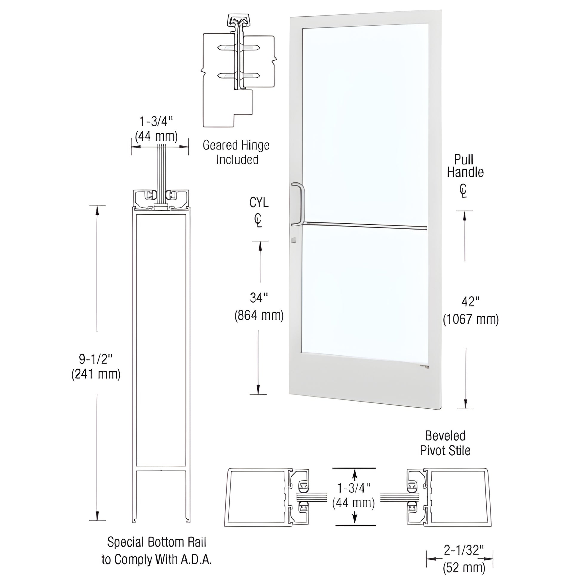 White narrow-stile commercial entrance door with glass, ADA 9-1/2 bottom rail and pull handle - SKU DE21852