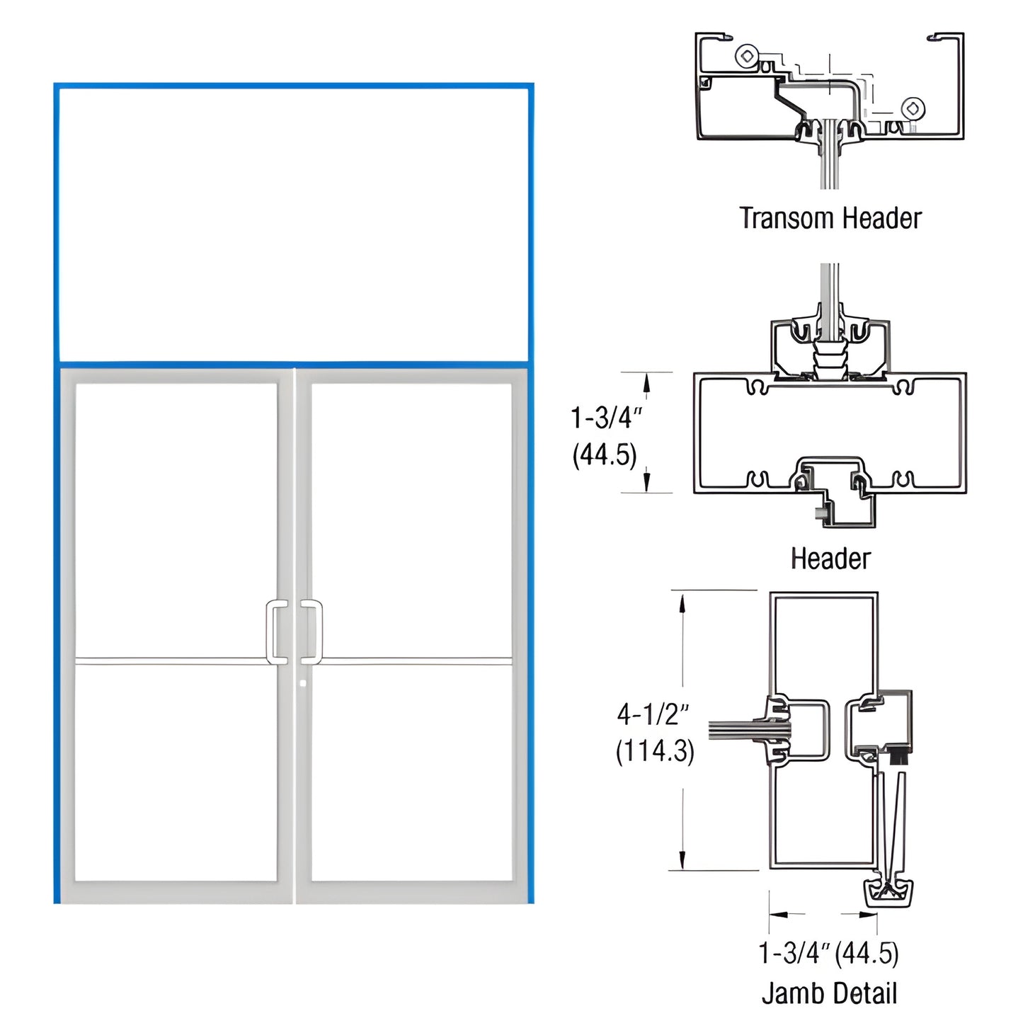 FR62871 gear-hinge transom frame with double storefront doors and aluminum threshold, diagram 1-3/4 and 4-1/2