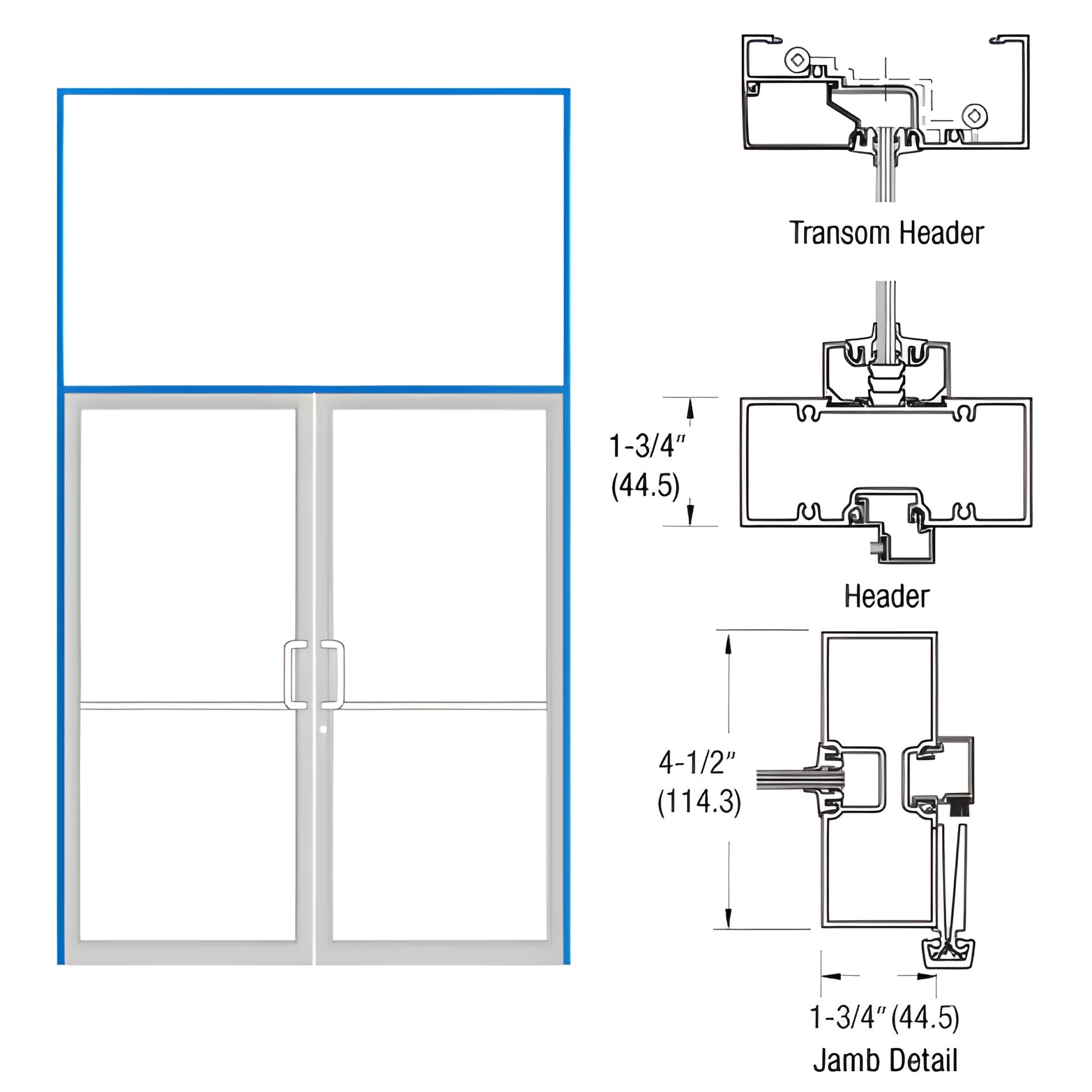 FR62871 gear-hinge transom frame with double storefront doors and aluminum threshold, diagram 1-3/4 and 4-1/2