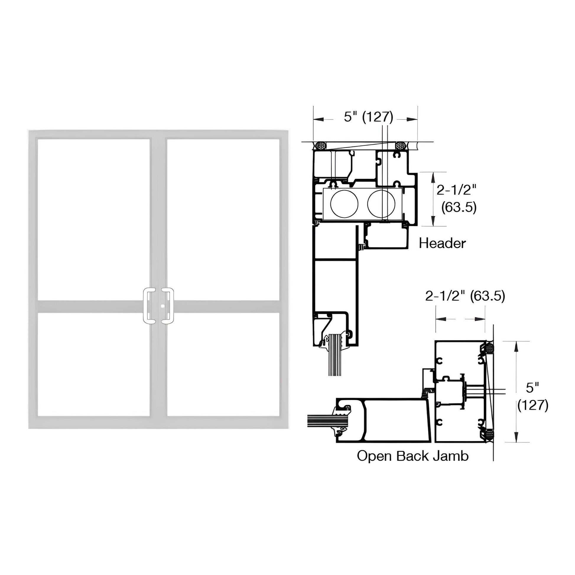 White Kynar custom double up/over hurricane impact door frame for pair butt-hinged doors, air-resistant threshold. SKU 0P4245