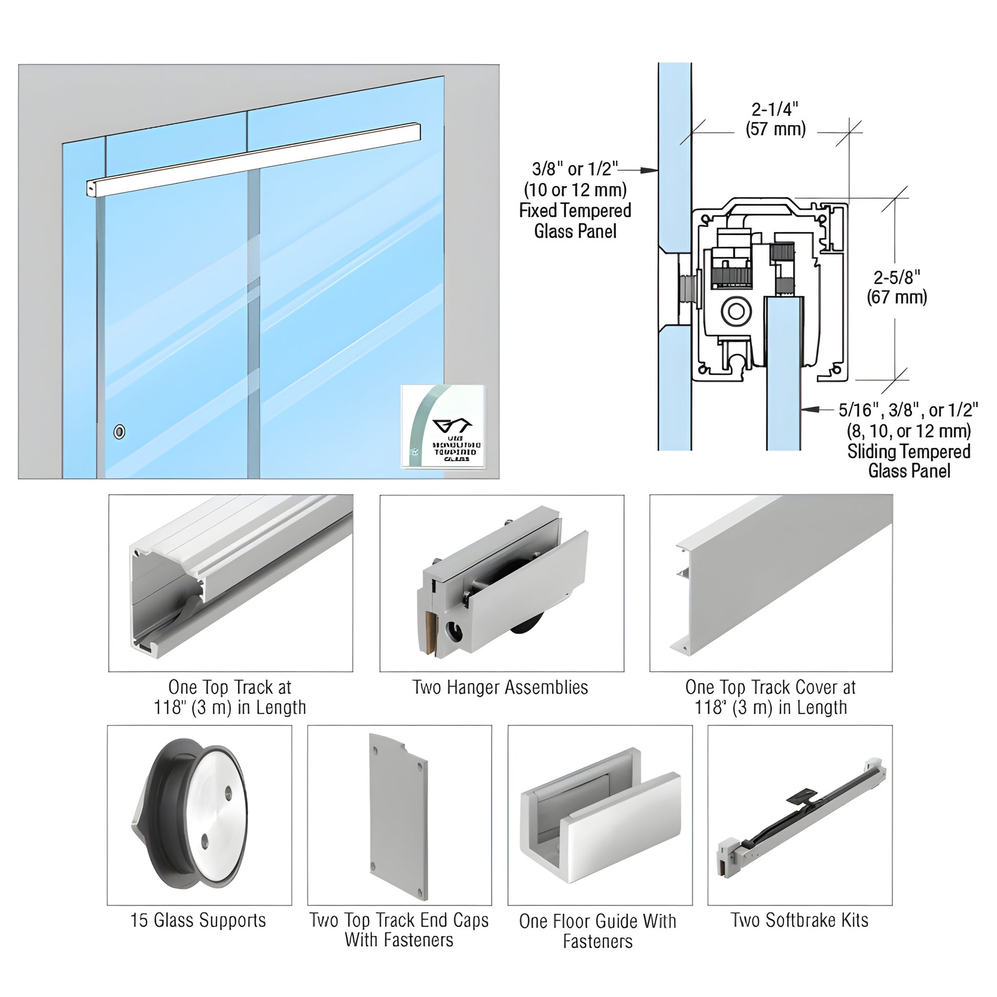 CRL28512G single sliding glass door kit, satin anodized track with Softbrake, 118" track for 8-12mm glass, max 176 lb.