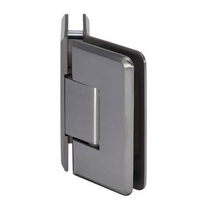 Close-up of CRL Brushed Nickel Cologne 045 Series 135º Glass-to-Glass Hinge in use.