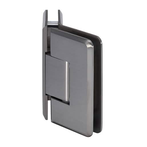 Close-up of CRL Brushed Nickel Cologne 045 Series 135º Glass-to-Glass Hinge in use.