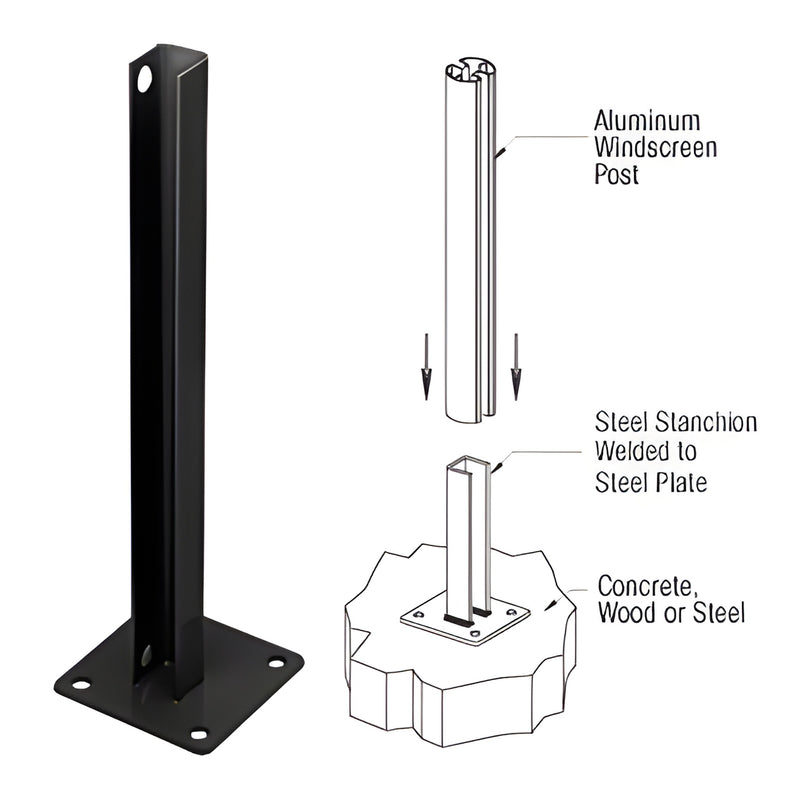 PSB1CBL matte black welded steel stanchion with 6in base plate and four mounting holes, surface-mount for posts up to 72in