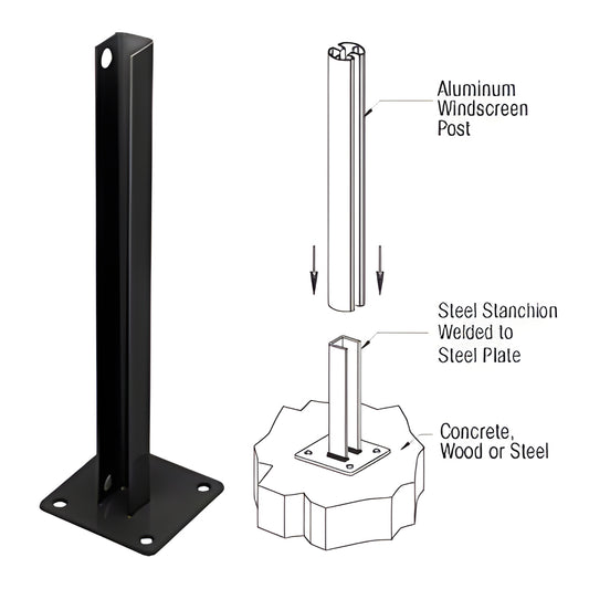 Matte-black welded steel stanchion with 5 in base plate, 1/2 in thick, surface-mount for aluminum post - SKU PSB5CBL