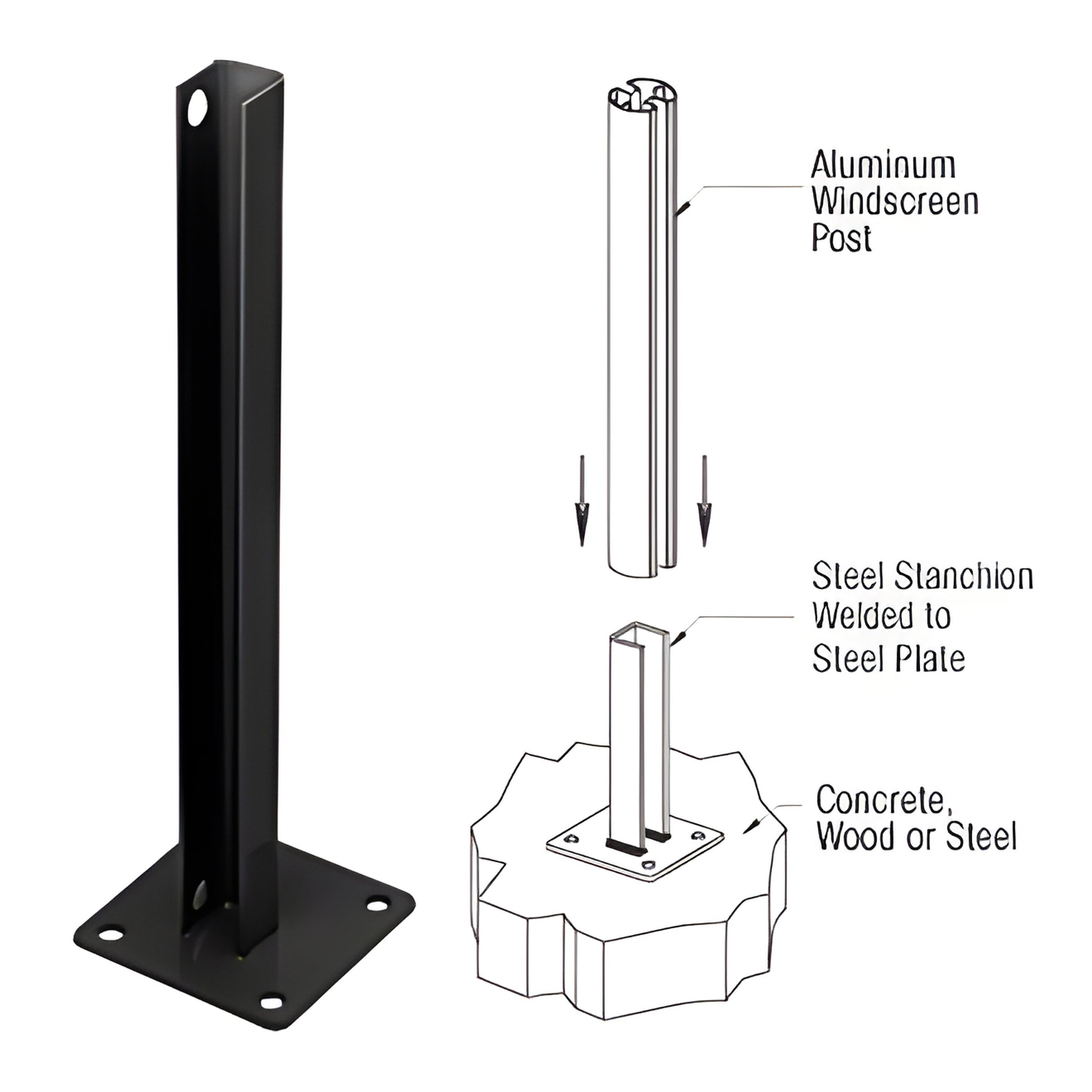 Matte black welded steel stanchion, 6x6 base plate, 30 in post, surface-mount 90 (SKU PSB3CBL)