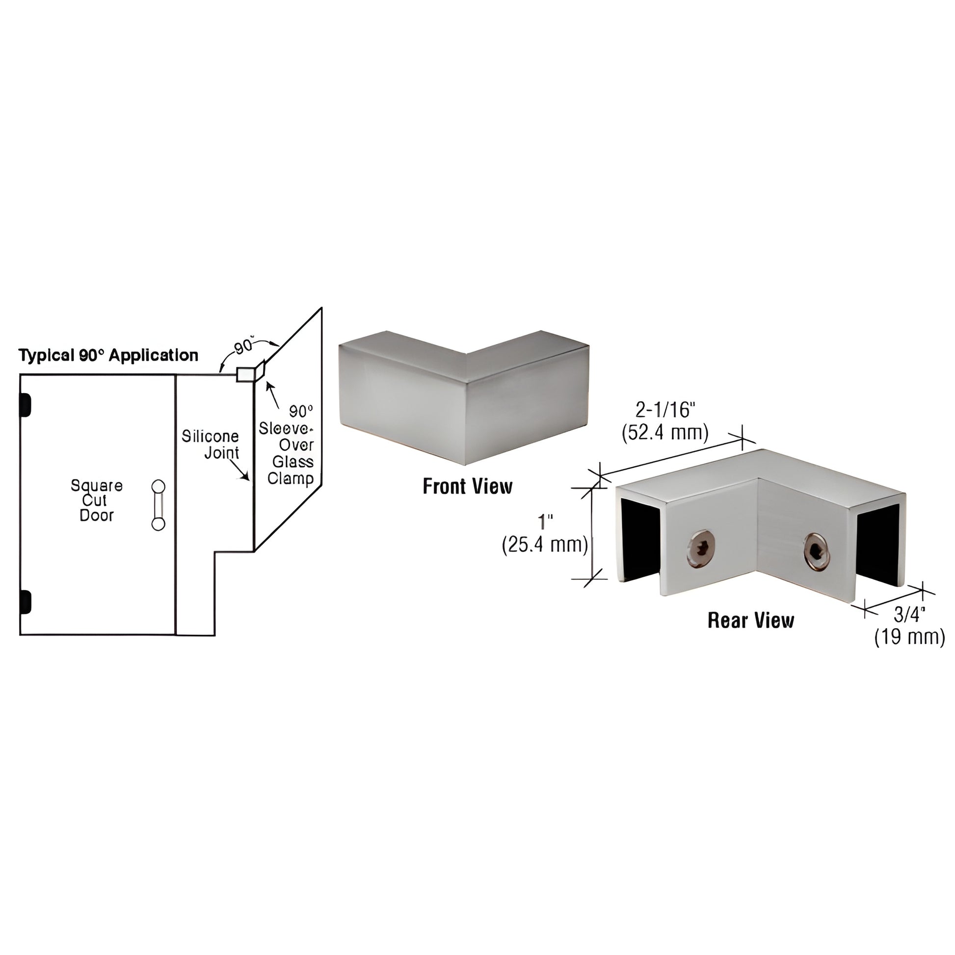 Brushed nickel 90 solid brass sleeve-over glass clamp for 8-12mm tempered glass, includes gaskets - SKU S0GC90BN