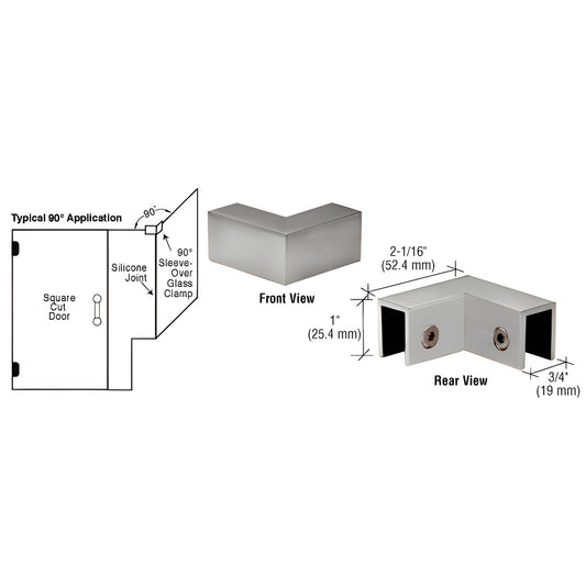Brushed nickel 90 solid brass sleeve-over glass clamp for 8-12mm tempered glass, includes gaskets - SKU S0GC90BN