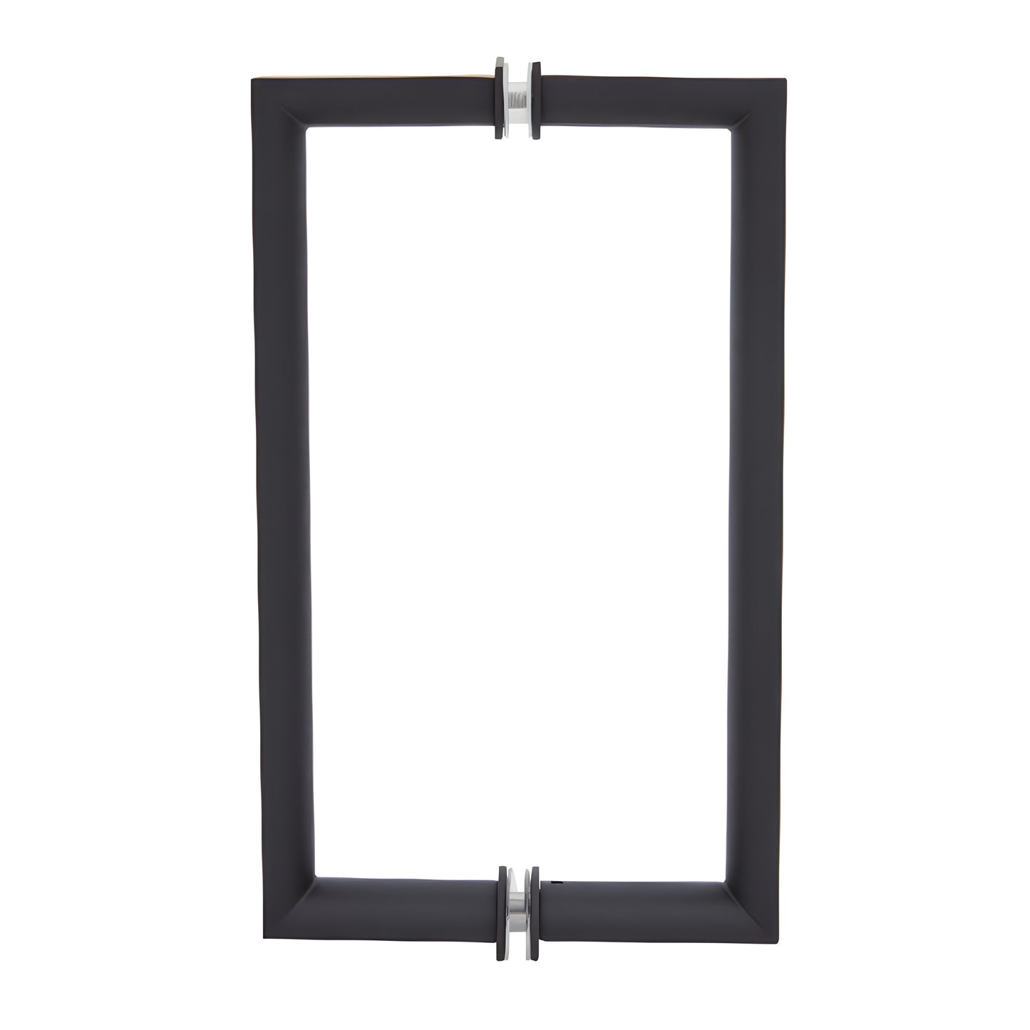 RM8X8MBL matte black rectangular back-to-back glass pull handle, beveled outer square, round interior grip, 8 in. c c.