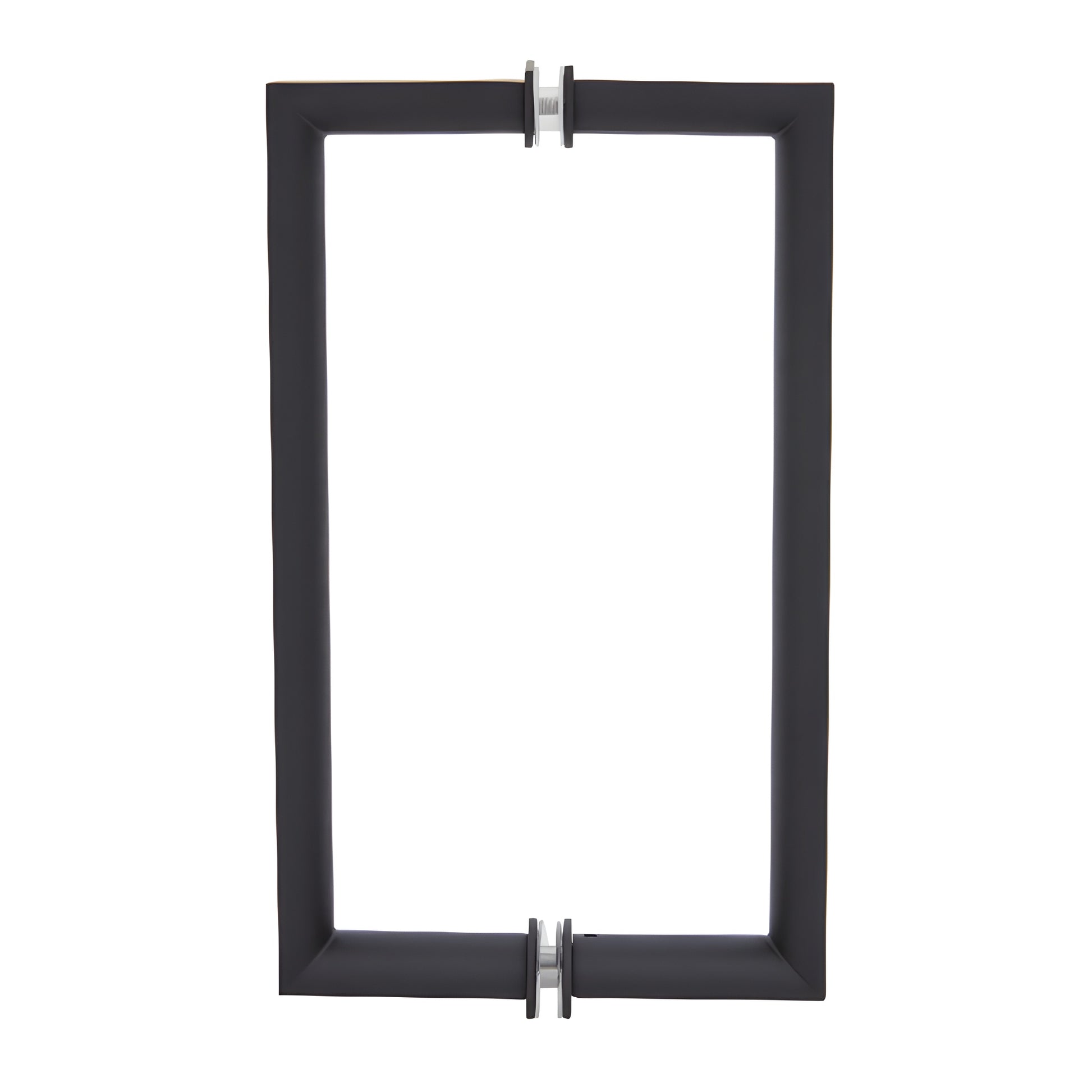 RM8X8MBL matte black rectangular back-to-back glass pull handle, beveled outer square, round interior grip, 8 in. c c.