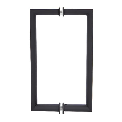 RM8X8MBL matte black rectangular back-to-back glass pull handle, beveled outer square, round interior grip, 8 in. c c.
