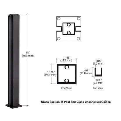 Dark bronze anodized 18 in aluminum square partition post (center) with full-length U-channel for 1/4 in glass, SKU D990DU18C
