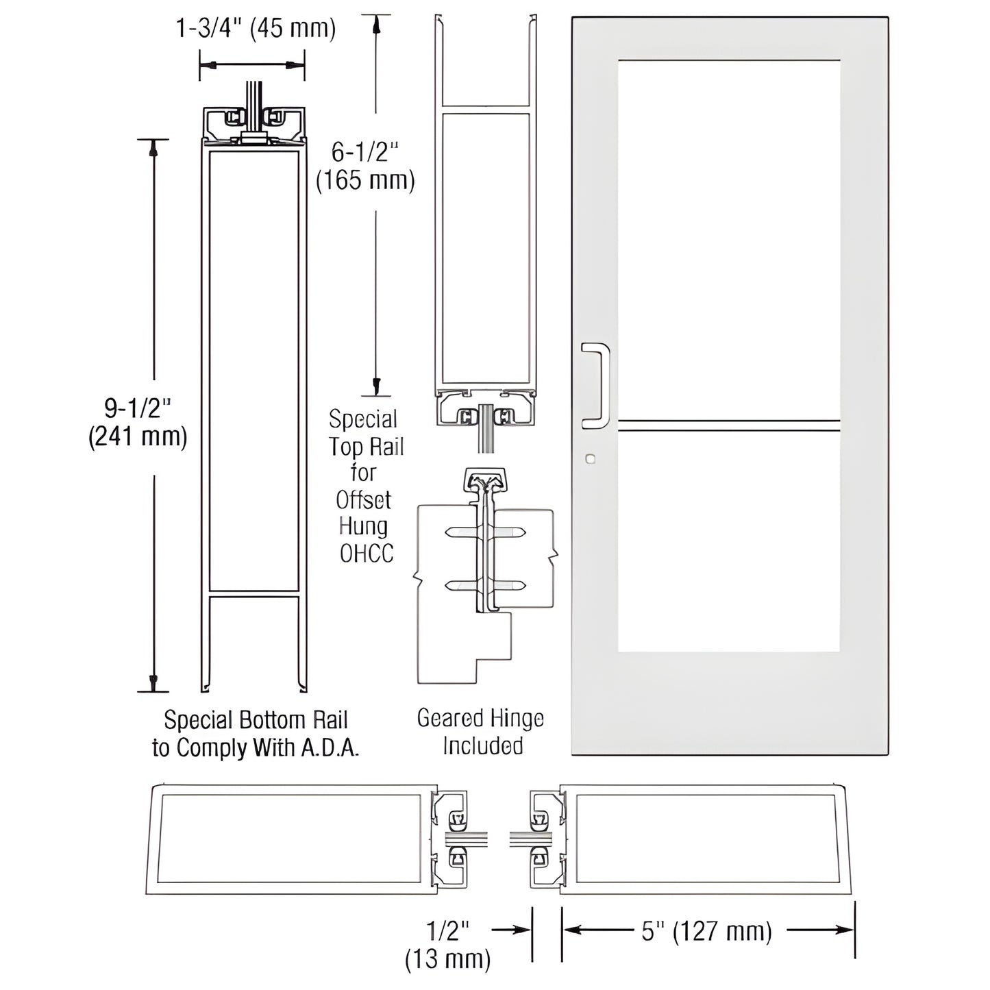 DE51952 white Kynar commercial wide-stile entrance door with 5in stiles and ADA 9.5in bottom rail, glass stop