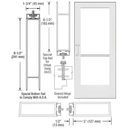 DE51952 white Kynar commercial wide-stile entrance door with 5in stiles and ADA 9.5in bottom rail, glass stop