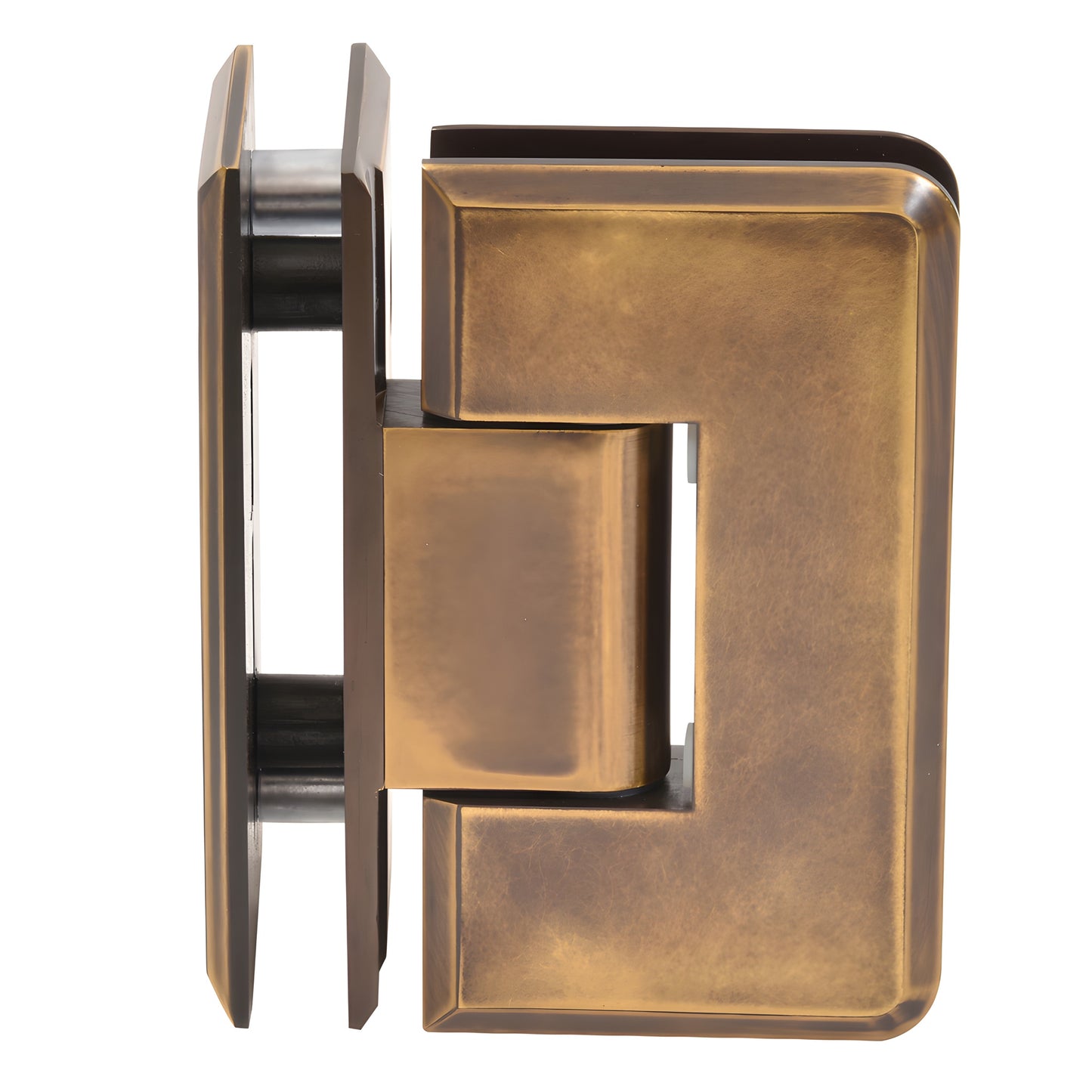 Vintage brass Cologne 90 glass-to-glass beveled shower hinge, solid brass, reversible pivot (SKU C0L092VBR)