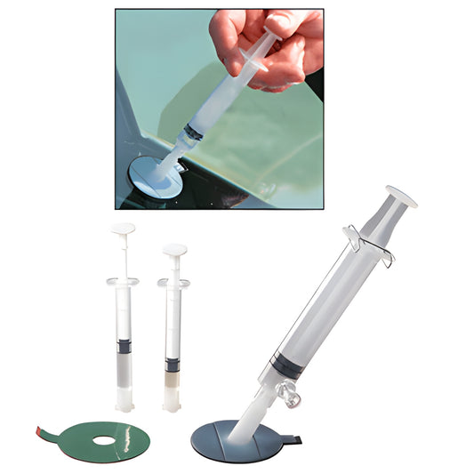 Windshield Saver Kit WS345: two-part epoxy syringes and suction applicator for repairing stone chips on auto glass.