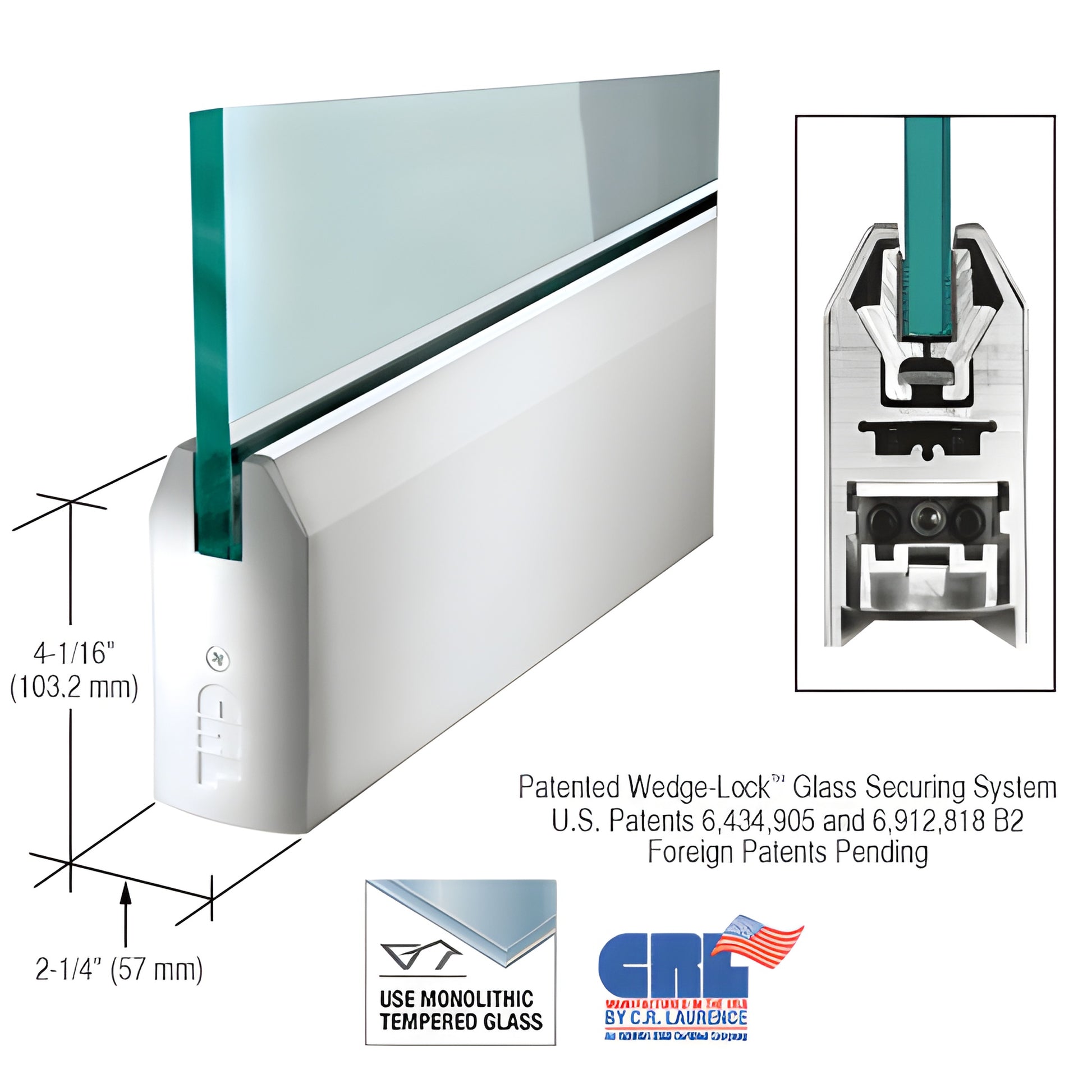 Polished stainless steel tapered 4" door bottom rail with Wedge-Lock for 3/4" tempered glass, 35-3/4" (SKU DR4TPS34S)