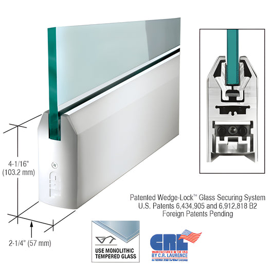 Polished stainless steel tapered 4" door bottom rail with Wedge-Lock for 3/4" tempered glass, 35-3/4" (SKU DR4TPS34S)
