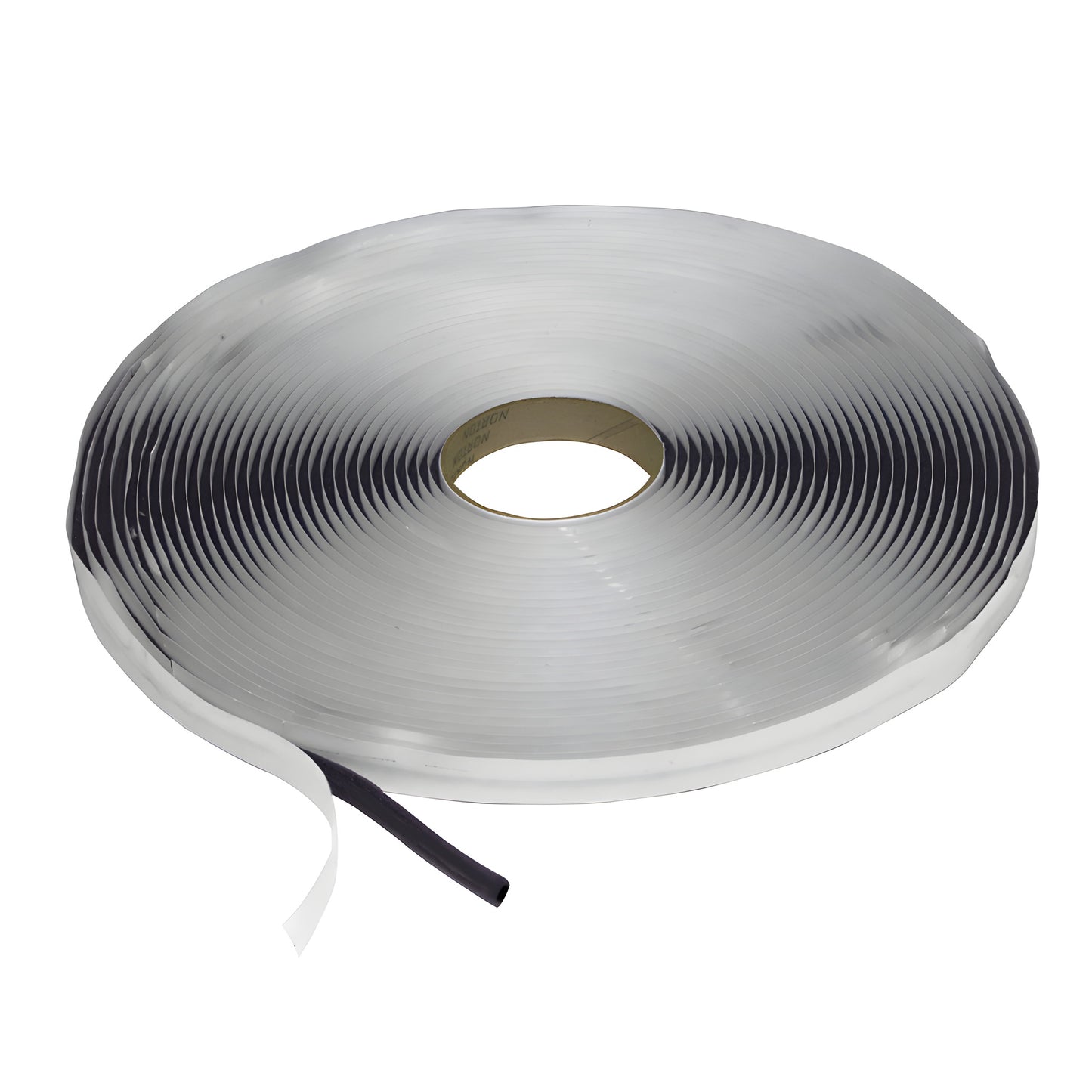 Roll of Norex KB31638 butyl coated PVC foam tape - silver outer, black compressible foam core with white release liner.