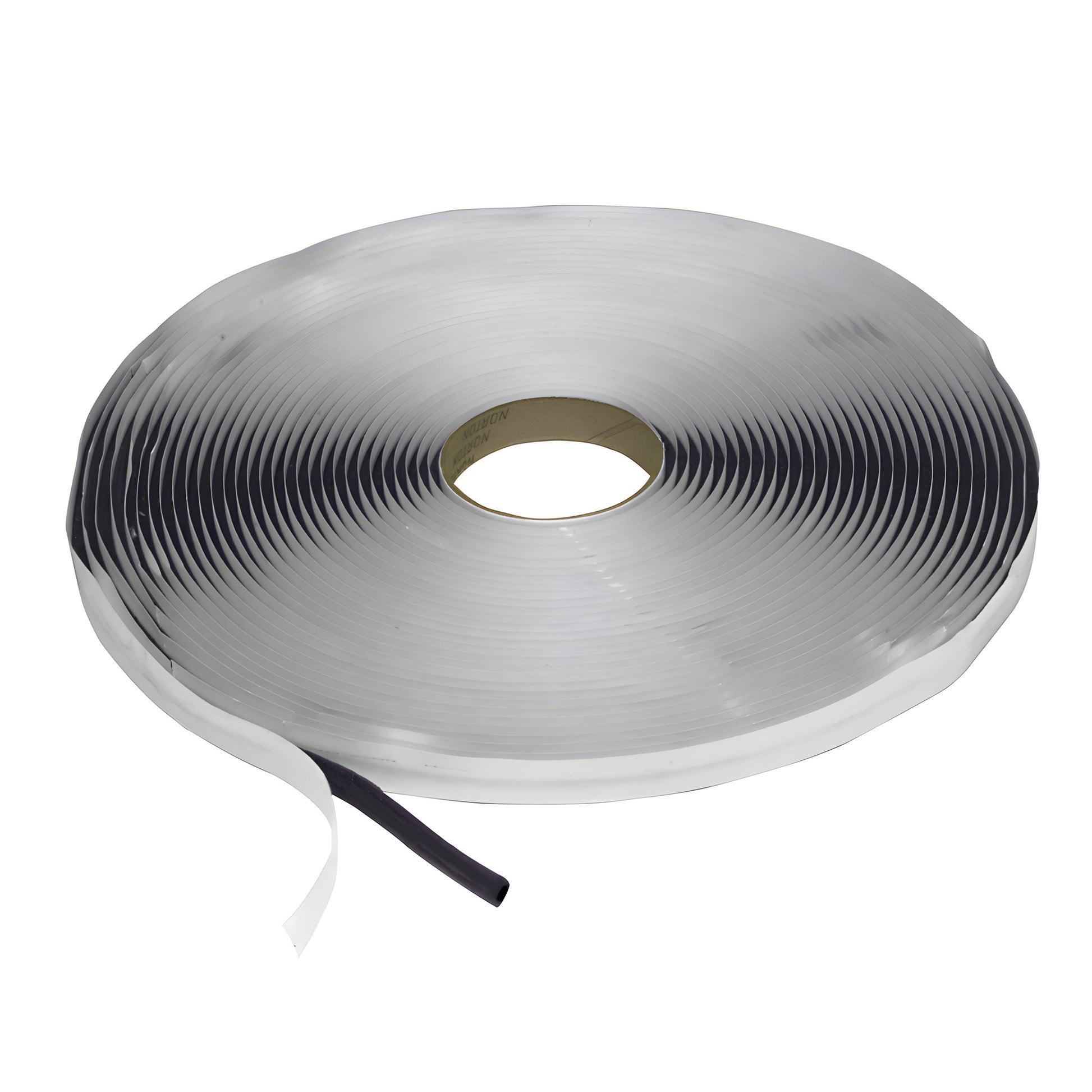 Roll of Norex KB31638 butyl coated PVC foam tape - silver outer, black compressible foam core with white release liner.