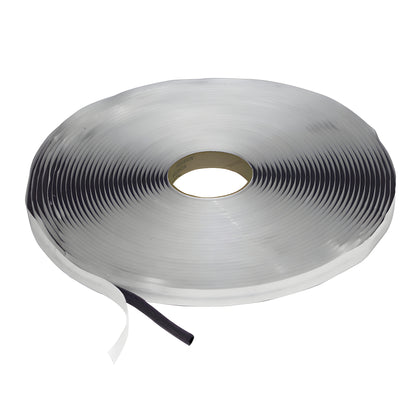 Roll of Norex KB31638 butyl coated PVC foam tape - silver outer, black compressible foam core with white release liner.