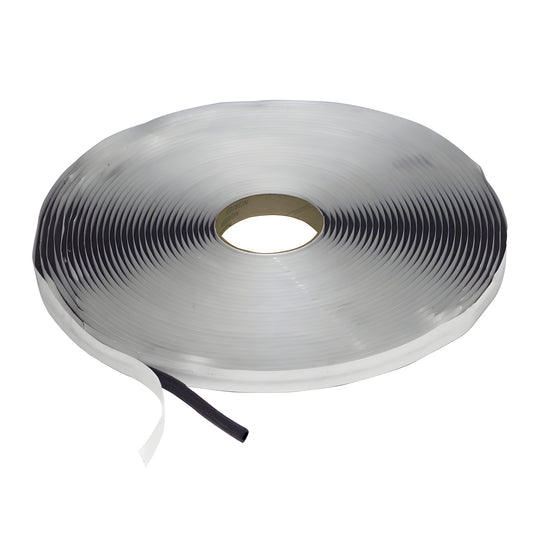 Roll of Norex KB31638 butyl coated PVC foam tape - silver outer, black compressible foam core with white release liner.