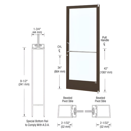 CRL CD21222 narrow stile commercial entrance door, black bronze anodized frame, 1/4" tempered glass opening, ADA 91 2" bottom r