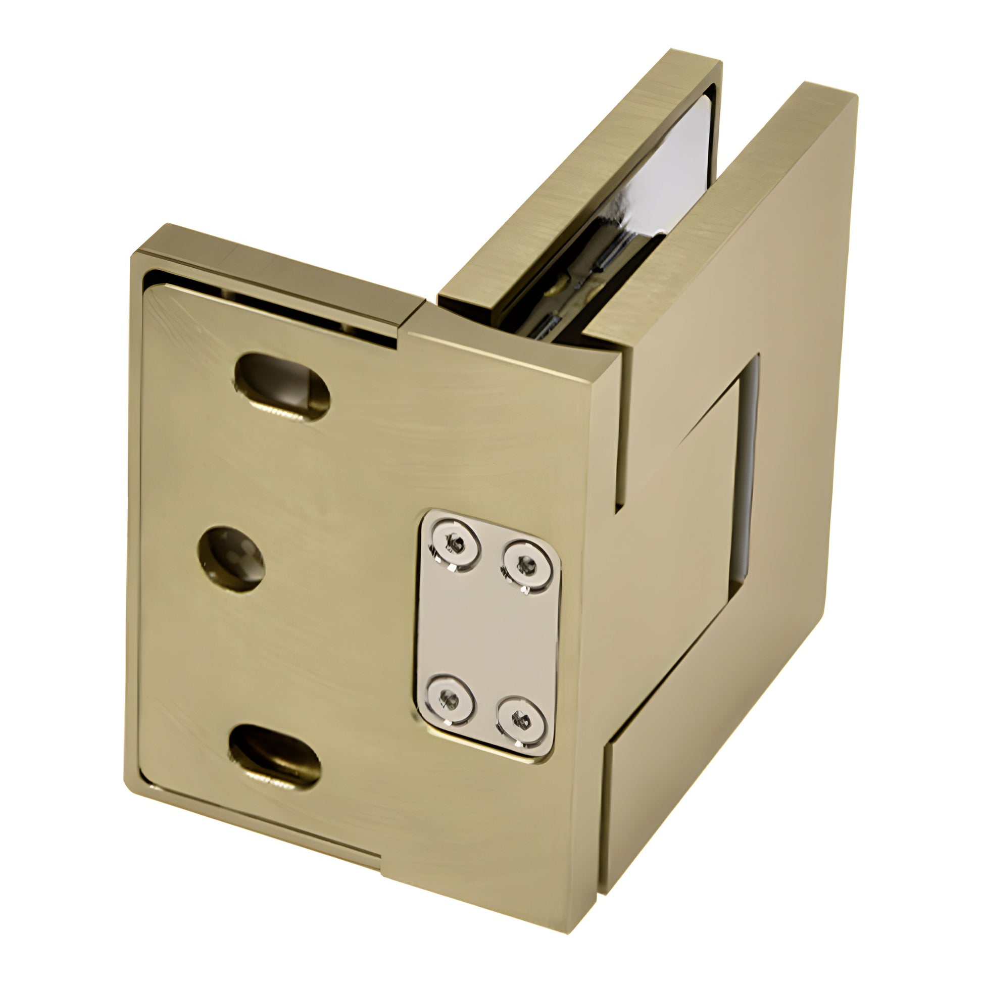 Bellagio BEL344BBRZ brushed-bronze square shower door hinge, concealed wall-mount for 8-10 mm glass.