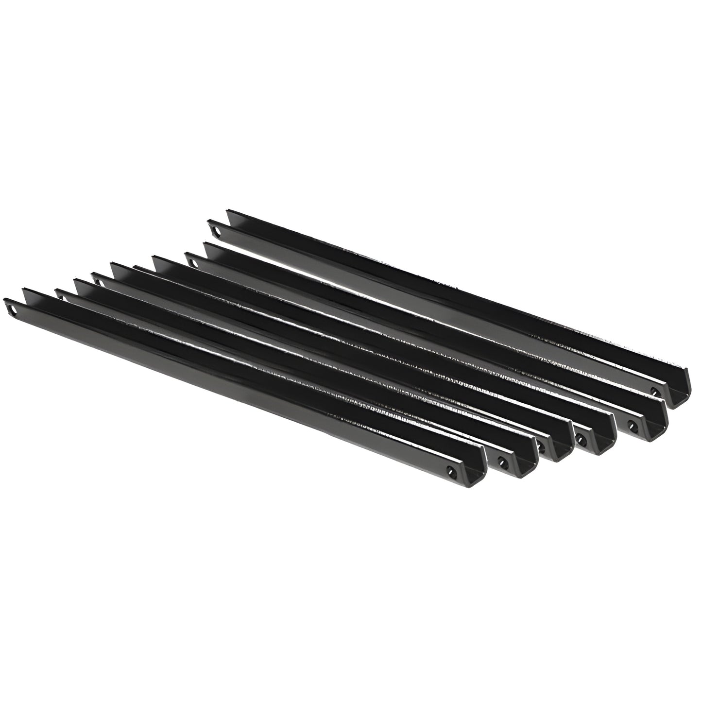 Six matte-black zinc-plated steel AWS core mount stanchions (PST6), U-channel posts with end mounting holes.