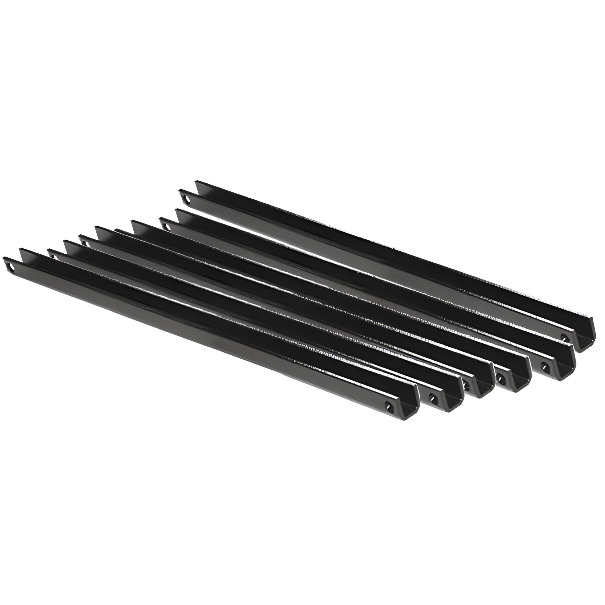 Six matte-black zinc-plated steel AWS core mount stanchions (PST6), U-channel posts with end mounting holes.