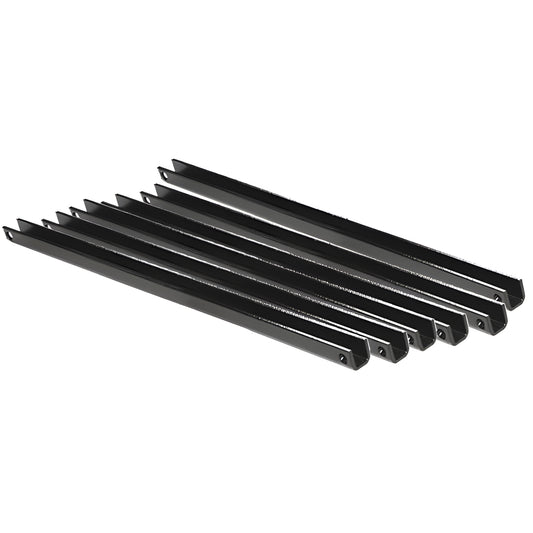 Six matte-black zinc-plated steel AWS core mount stanchions (PST6), U-channel posts with end mounting holes.