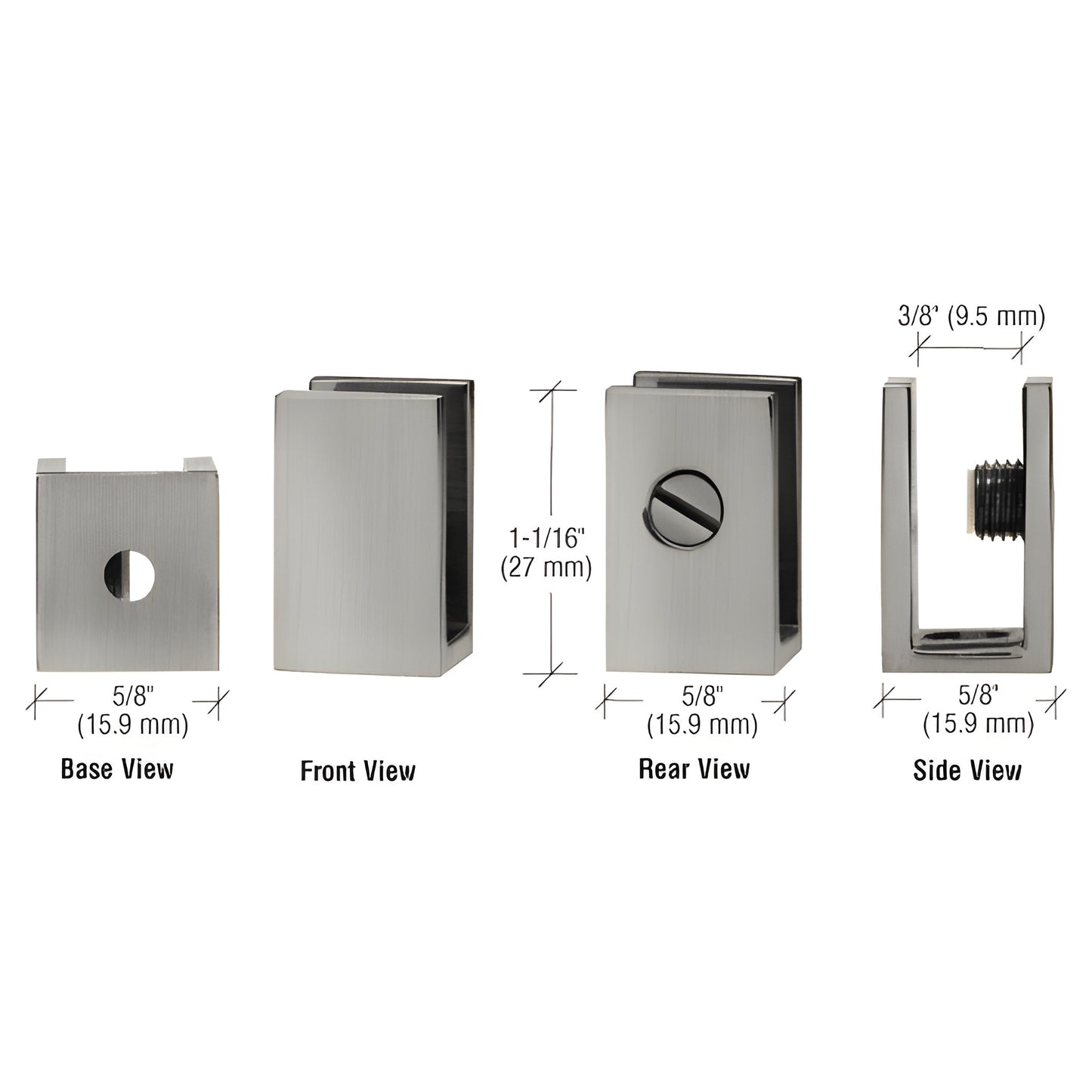 Brushed-nickel brass no-drill set-screw glass clamp (1/4-5/16 glass, 1-1/16 tall), SKU EH31