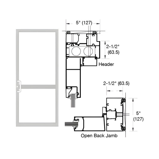 White Kynar 2-1/2 x 5 up/over hurricane impact single door frame, hinge & concealed-closer prep. SKU 0P41452