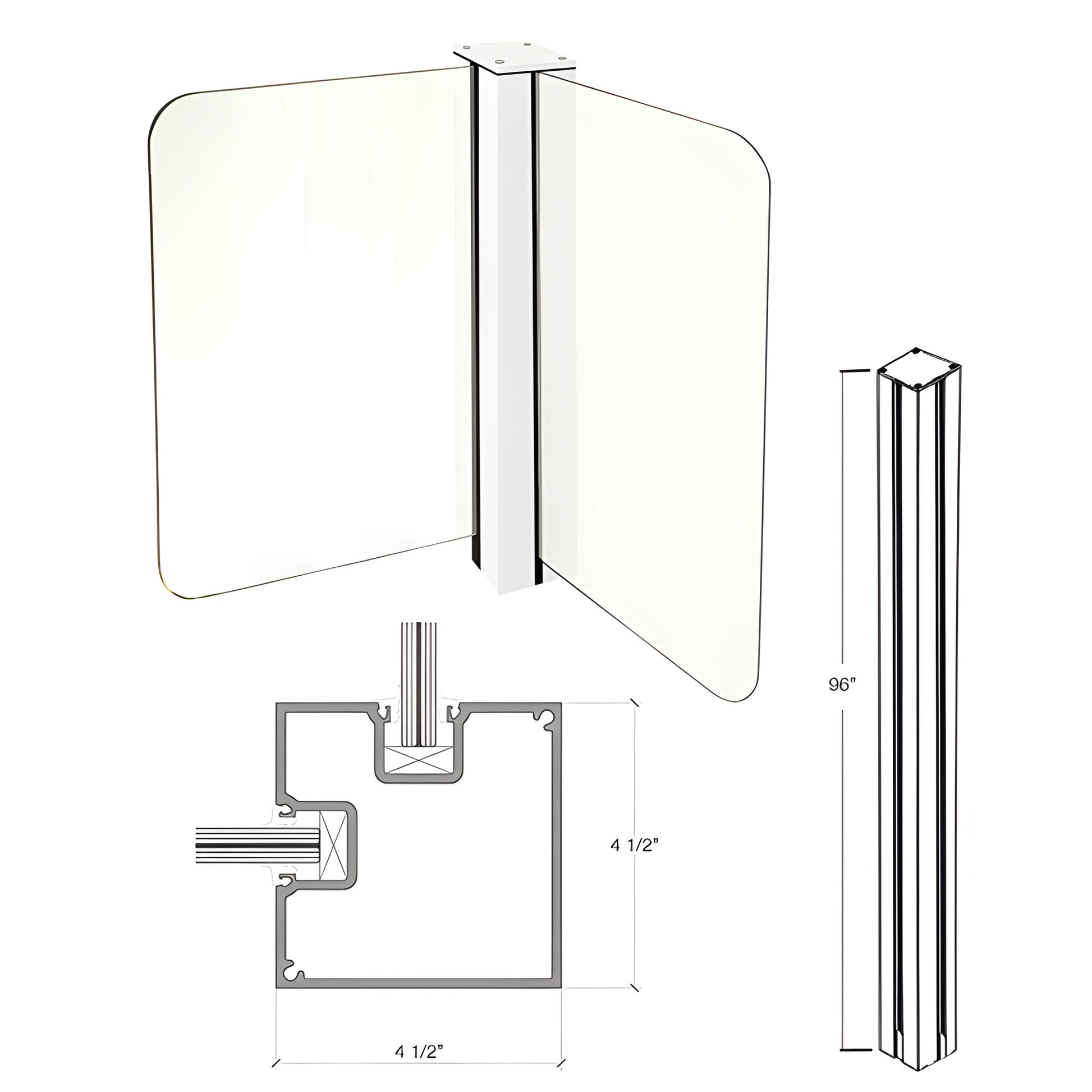 Sky White aluminum Cielo post for glass windscreen, 96 in tall, 3-1/4 in face, 4-1/2 in depth - SKU C96CRKW