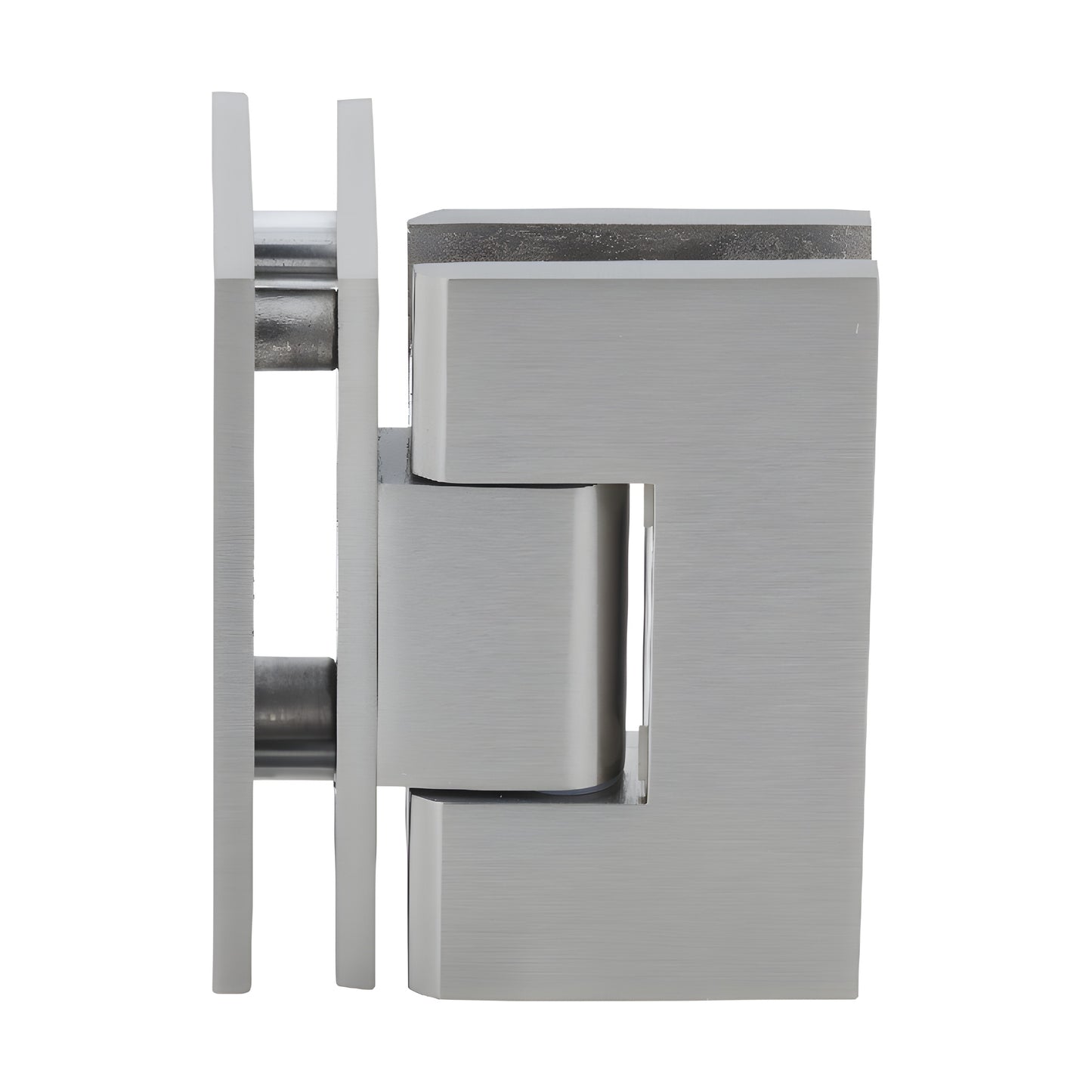 Brushed nickel square Vienna glass-to-glass shower hinge, brass, 90 self-centering (SKU V1E092BN)