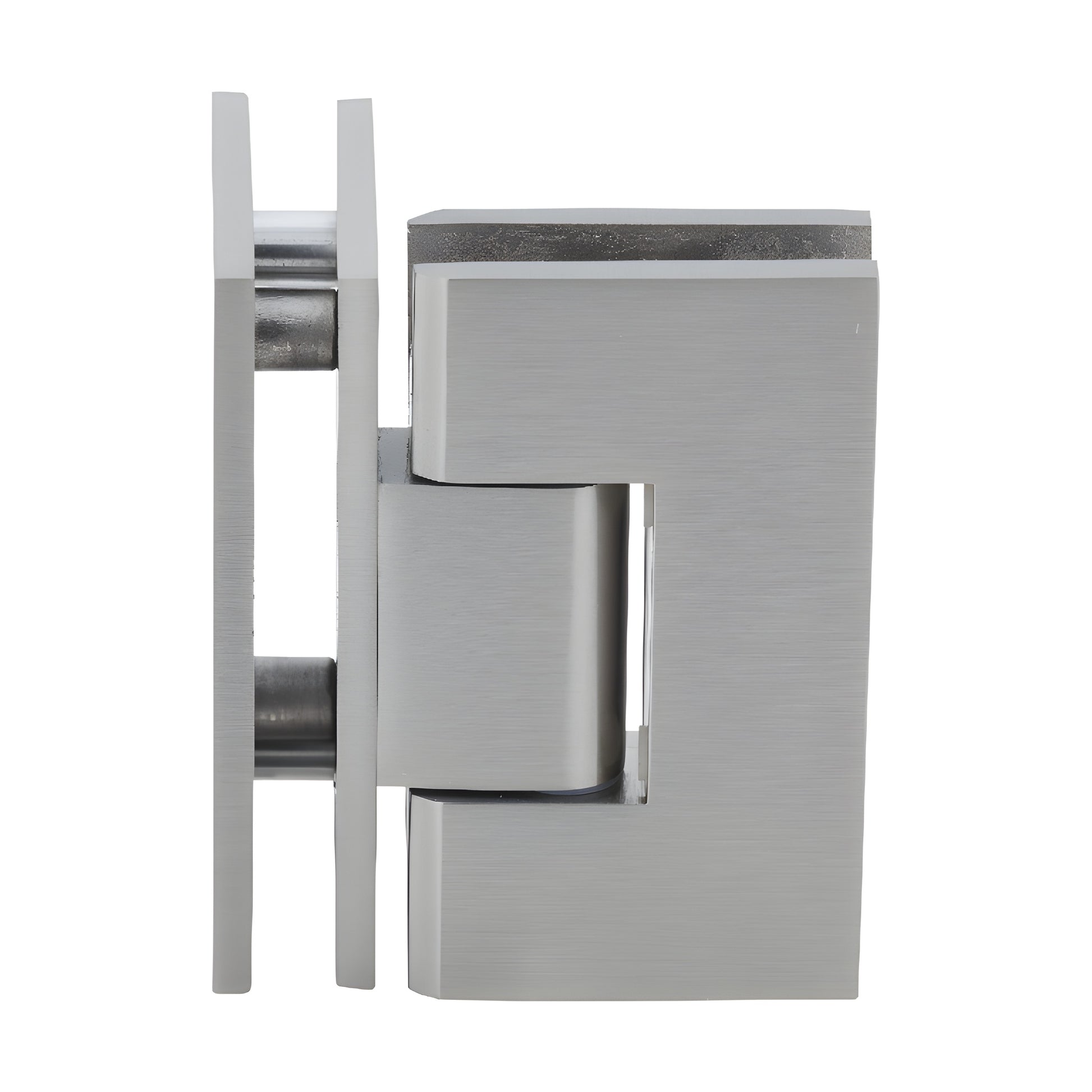 Brushed nickel square Vienna glass-to-glass shower hinge, brass, 90 self-centering (SKU V1E092BN)