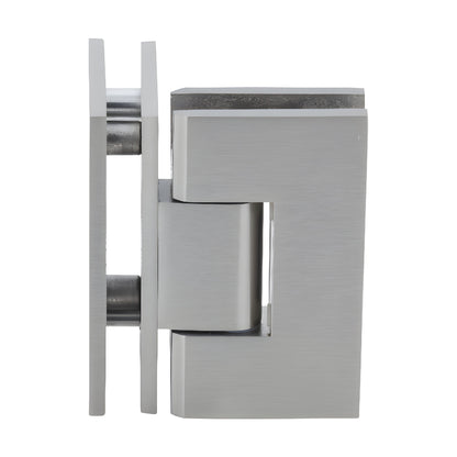 Brushed nickel square Vienna glass-to-glass shower hinge, brass, 90 self-centering (SKU V1E092BN)