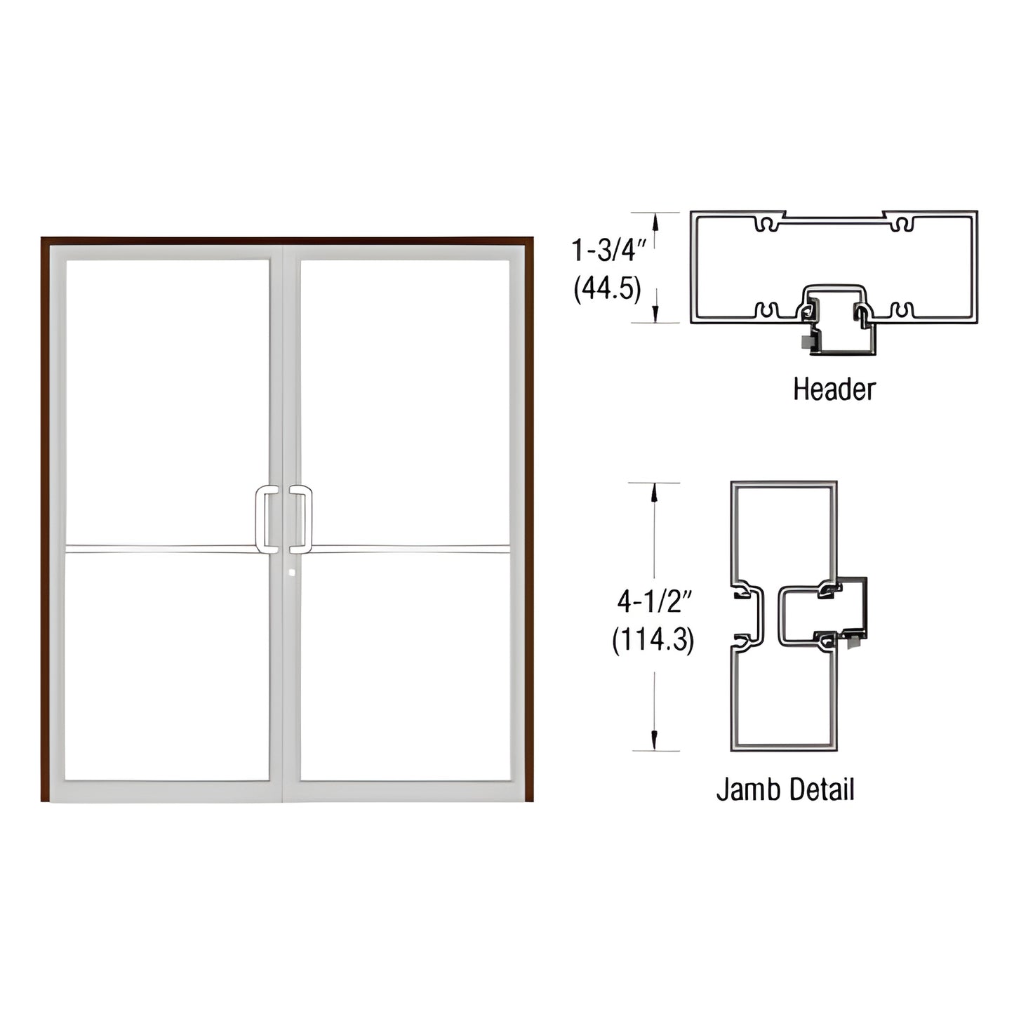 FR42522 black bronze anodized aluminum double-door frame with tubular jambs and butt-hinge diagram, aluminum threshold.