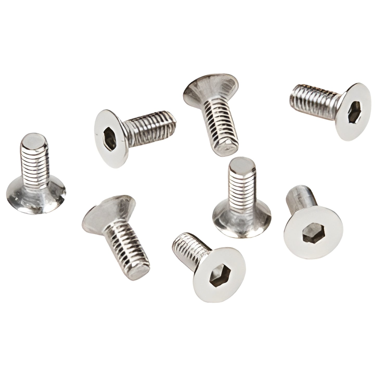 Polished chrome M6 x 15mm flat head hex drive stainless steel screws, pack of 8 (SKU A615CH)